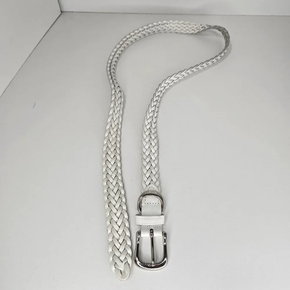 Women's White Distressed Cracked Leather Thin Skinny Woven  Boho Belt